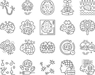 neuroscience brain neurology icons set vector. research medical, doctor technology, science health, neurosurgery scan, computer neuroscience brain neurology black contour illustrations