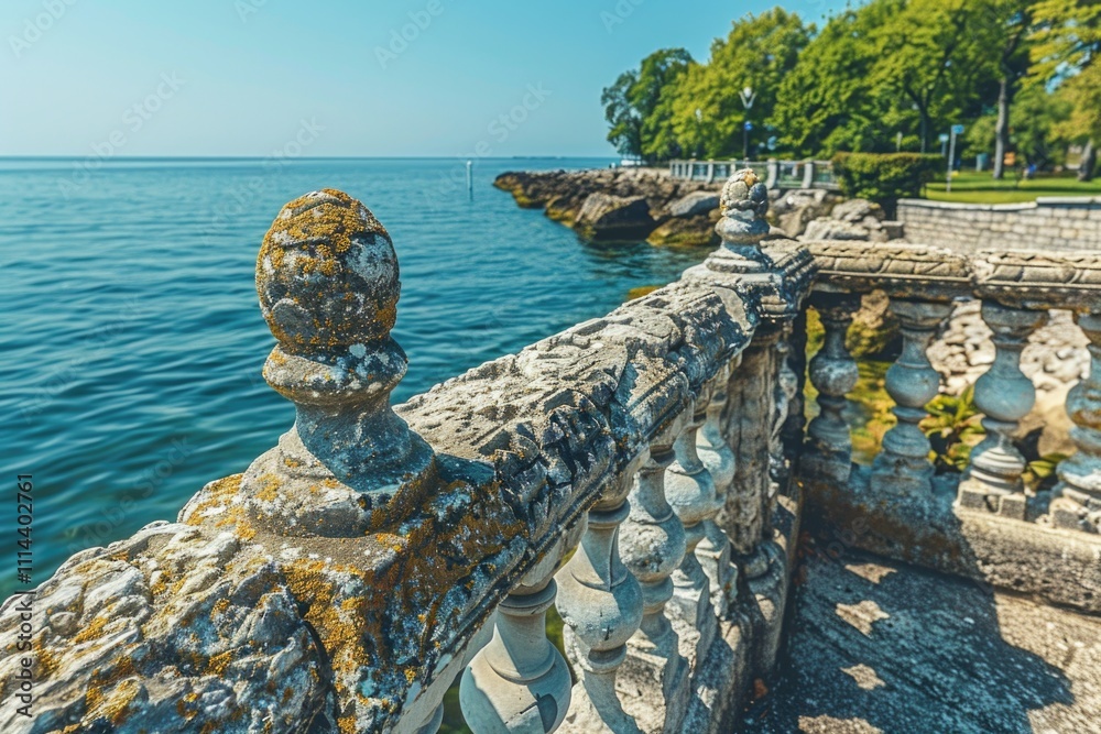 Poster a stone fence running alongside a body of water, ideal for use in scenes with nature or rustic theme