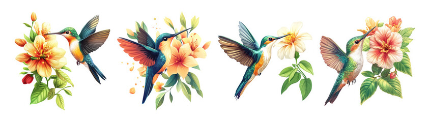 Obraz premium Colorful Hummingbirds with Flowers on Transparent Background