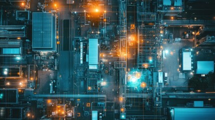 Obraz premium Energy production facility from above showcasing intricate machinery and glowing lights at night