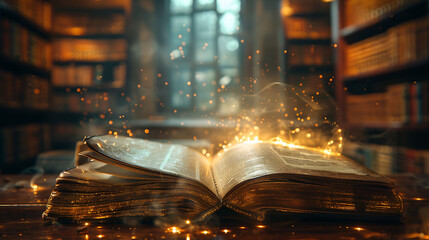 Ancient Library Filled with Magical Glowing Books, Where Enchantment Meets Knowledge in a Mystical Setting of Literary Wonders
