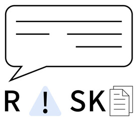Business conversation represented by a speech bubble, caution exclamation mark, and a document icon. Ideal for corporate training, risk assessment, compliance, safety guidelines, decision making