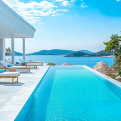 Fototapeta premium Terrace in villa with swimming pool clear blue water with stunning sea view and sky