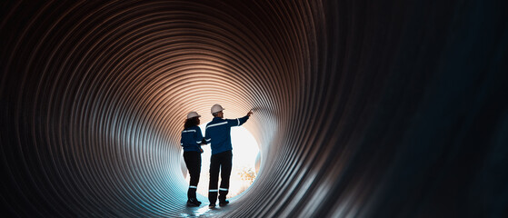 Workers inside a big steel pipe building a pipeline for oil, gas, and fuel at an industrial site.