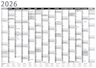 Kalender 2026 (Dezember 2025 bis Januar 2027) mit Ferien s/w