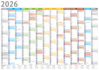 Kalender 2026 (Dezember 2025 bis Januar 2027) mit Ferien 4C