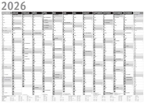 Kalender 2026 (Dezember 2025 bis Januar 2027) mit Ferien s/w