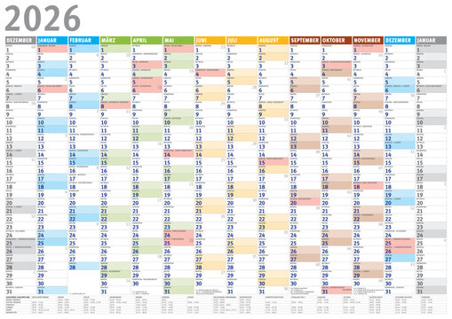 Kalender 2026 (Dezember 2025 bis Januar 2027) mit Ferien 4C