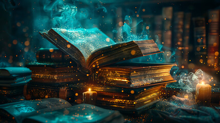 Enchanting Scene of Ancient Library Featuring Magical Glowing Books Surrounded by Mystical Smoke and Soft Candlelight
