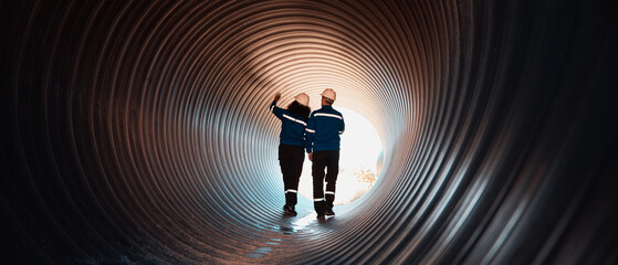 Workers inside a big steel pipe building a pipeline for oil, gas, and fuel at an industrial site.