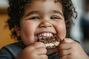 Naklejka premium Child, plus-size, happily munching on a candy bar