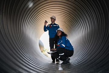 Workers inside a big steel pipe building a pipeline for oil, gas, and fuel at an industrial site.