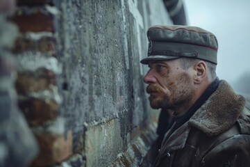 Fototapeta premium A man wearing a military-style hat leans against a wall, with a serious expression