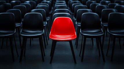 Naklejka premium Sedia rossa in mezzo a tante sedie nere. Essere diversi. Diversità.