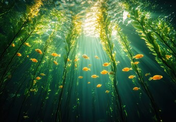 Obraz premium Tranquil Underwater Scene with Lush Green Kelp Forest Illuminated by Sunlight and School of Bright Yellow Fish Swimming Gracefully Amongst the Kelp