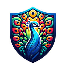 Obraz premium Colorful Peacock Illustration within a Modern Shield