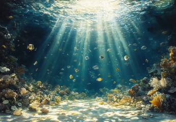 Obraz premium Underwater Scene with Rays of Light Illustrating a Vibrant Coral Reef teeming with Colorful Fish and Diverse Marine Life in Clear Blue Ocean Water
