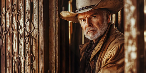 An older cowboy with a gray beard leans on a rustic wooden door. Warm tones and textures capture a portrait of an experienced rancher. Leather jacket, golden hour lighting. Work ethic concept.