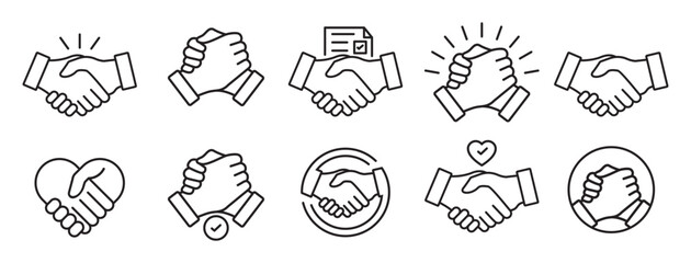Business agreement handshake icon in line style. Containing relation, cooperation, contract deal, success, greeting, respect, teamwork, friendship, partnership, trust, welcome. Vector illustration