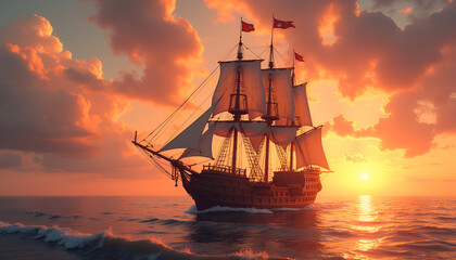 Obraz premium Highly detailed photorealistic image of a medieval ship with masts and sails against a beautiful sunset sky