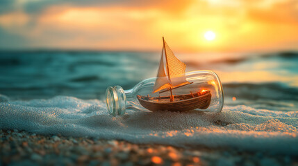 Miniature ship in a bottle at sunset on the beach. A small wooden sailboat is nestled inside a clear glass bottle, resting on the shoreline at sunset.