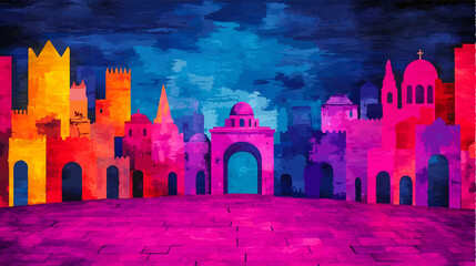Fototapeta premium Vibrant, colorful vector illustration of the jerusalem skyline at night, featuring iconic landmarks