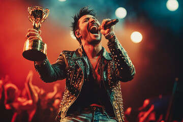 Celebrating victory at an energetic concert with a trophy in hand. Generative AI
