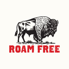 Obraz premium Retro Vintage Bison Roam Free Vector Illustration