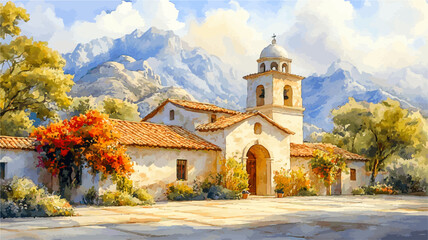 Serene painting captures a spanish colonial church with a terracotta roof, nestled amidst a vibrant landscape and framed by majestic mountains