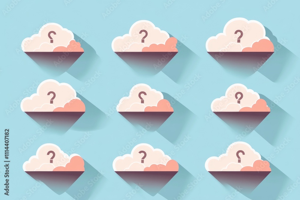 Poster A collection of clouds with question marks written on them, often used as a symbol for uncertainty or curiosity