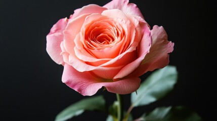 Fototapeta premium Elegant pink rose in a top-down view, highlighted against a dramatic black background for stunning visual impact