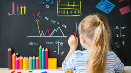 Girl Writing on Chalkboard with Educational Charts