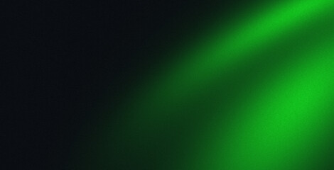 Green grainy color flow on a black background with noise texture effect, wide website banner header design with space