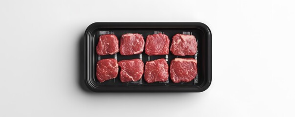 A plastic tray mockup for beef with black and white labels.