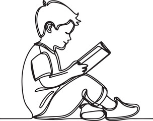 Line Drawing of a Child Boy Sitting and Reading a Book Simple and Elegant Art