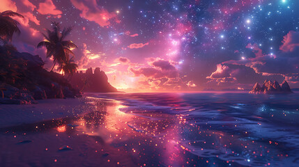 Naklejka premium Enchanting Cosmic Beach Scene with Glowing Sand Under Starry Sky at Dusk, Featuring Lush Palm Trees and Dramatic Clouds Reflecting Vibrant Sunset Colors