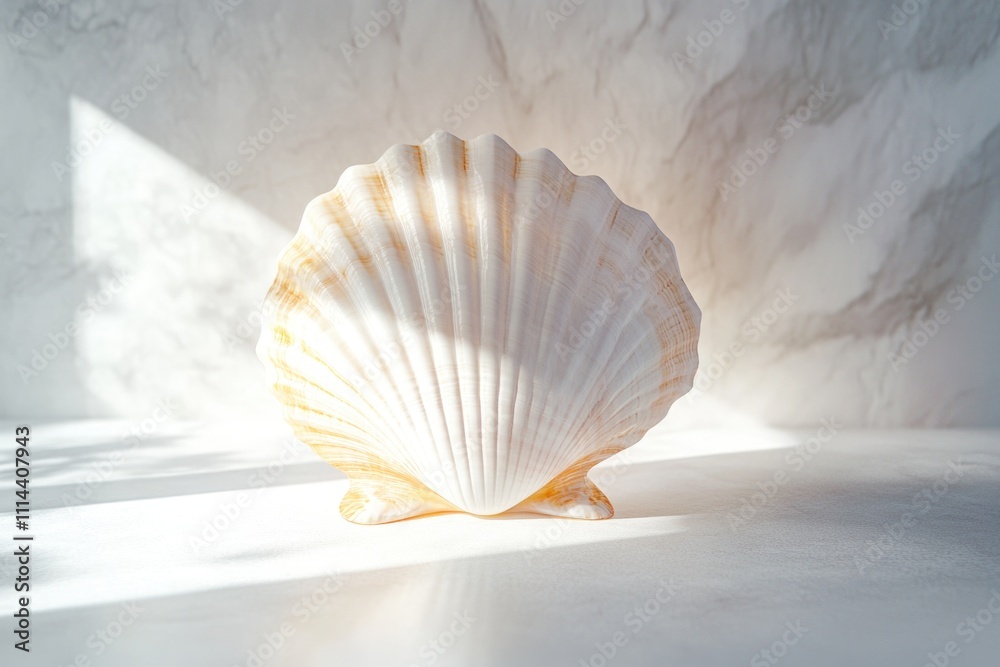 Poster a single white shell sitting on a table