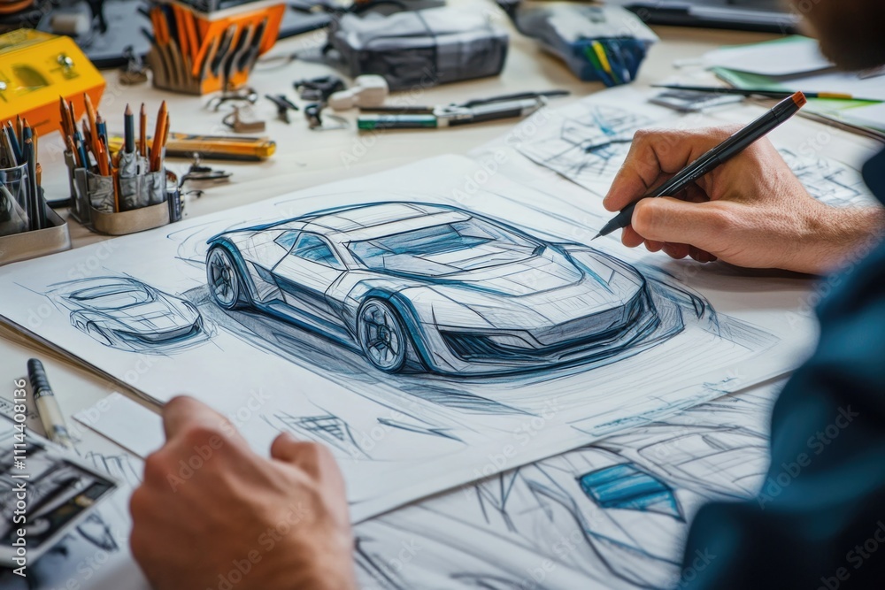 Poster a person sketching a vehicle on paper, creative process in action