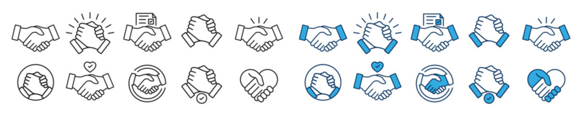 Business agreement handshake icon. Containing relation, cooperation, contract deal, success, greeting, respect, teamwork, friendship, partnership, trust, welcome. Vector illustration