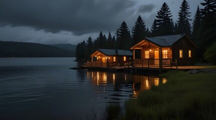 Fototapeta premium A serene lakeside cabin at twilight - the cabin's warm lights reflecting on the still water. generative.ai