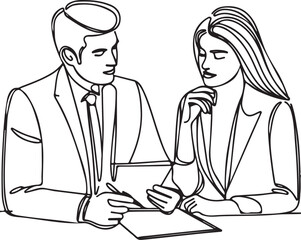 Line Drawing of Businessman and Businesswoman in Discussion at the Table