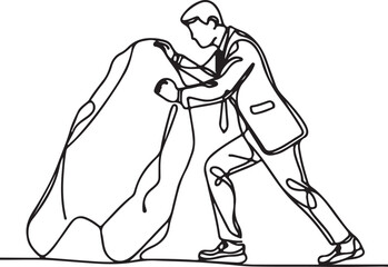 Vector Illustration of a Businessman Pushing a Stone Line Drawing for Corporate Graphics