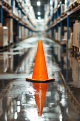 Traffic cone in ware house and shelve filled with boxes generated.AI
