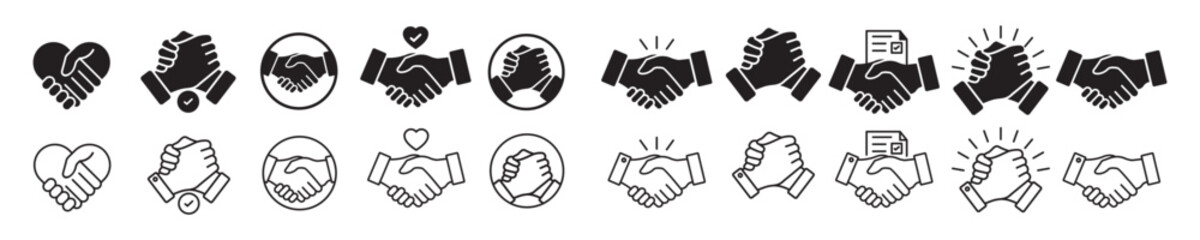 Business agreement handshake icon. Containing relation, cooperation, contract deal, success, greeting, respect, teamwork, friendship, partnership, trust, welcome. Vector illustration