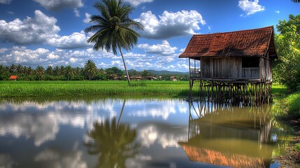 Obraz premium Tranquil Asian Stilt House Over Rice Paddy Water