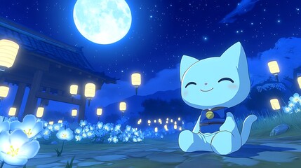 Serene Nighttime Scene With A Cute Cat Among Lanterns And Flowers