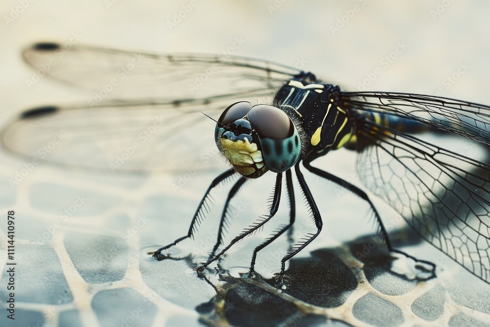 Poster a detailed image of a dragonfly sitting on a surface, perfect for use in scientific or educational c