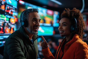 Fototapeta premium Broadcast team engaged in lively conversation in a control room. Generative AI