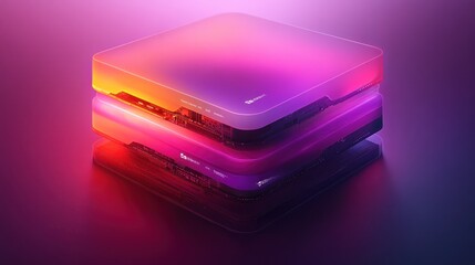 Stacked translucent cubes with vibrant gradient colors, reflecting on a glossy surface.