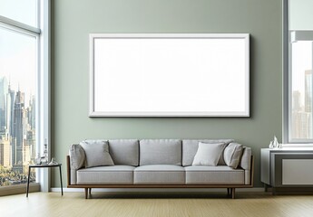 Simple green-themed interior design with blank picture frames on the wall, offering a minimalist aesthetic, calm ambiance, and a creative space for personalized decoration.